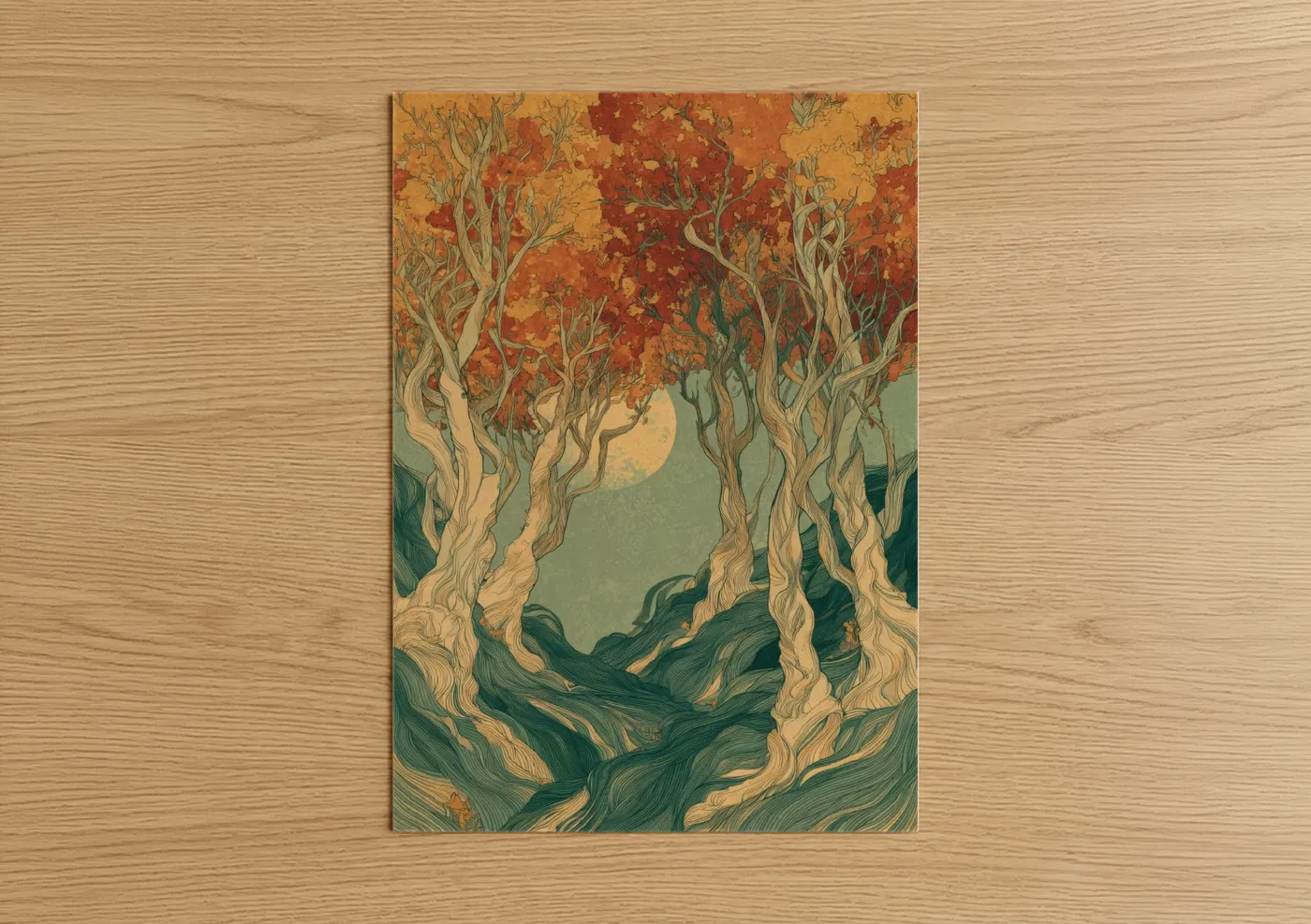 Art print on warm oak wood — orange and sage green palette — Autumn Maple Forest poster