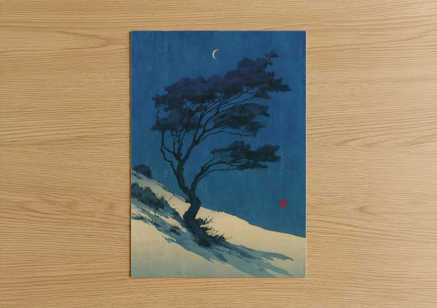 Savanna and desert trees art print on warm oak wood — dark blue and cream palette — Windswept Desert Tree poster