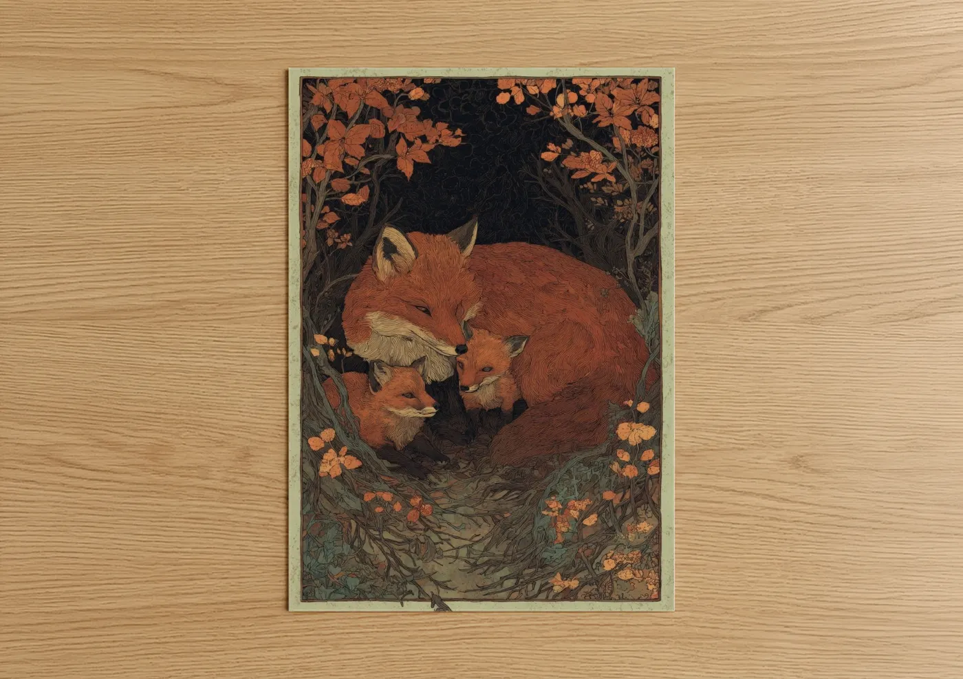 Art print on warm oak wood — russet and dark green palette — Autumn Fox Family poster