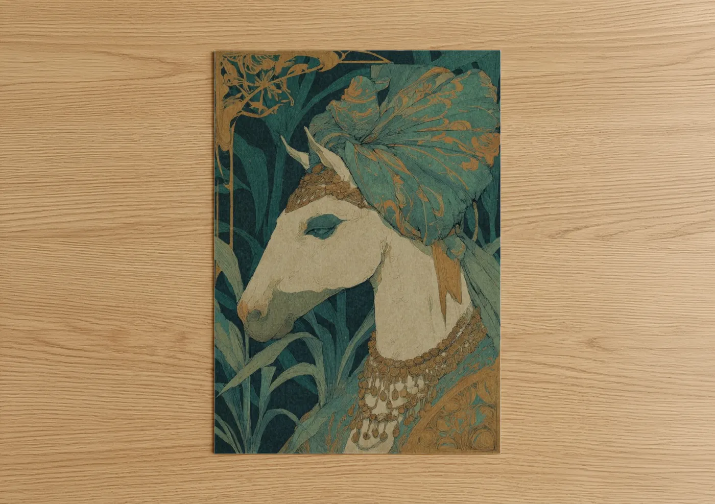 Art print on warm oak wood — teal and gold palette — Ornate Pegasus poster
