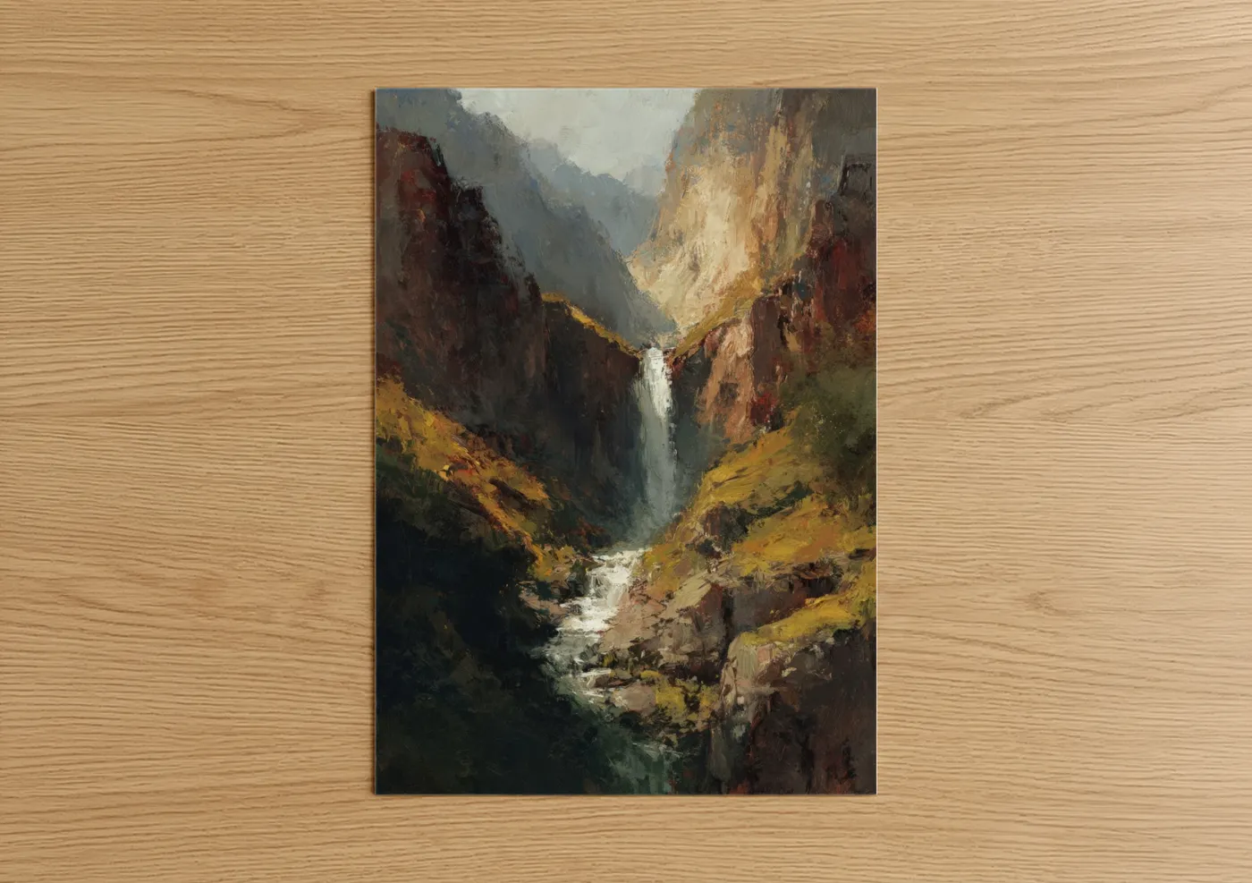 Art print on warm oak wood — russet and gold palette — Mountain Waterfall Canyon poster
