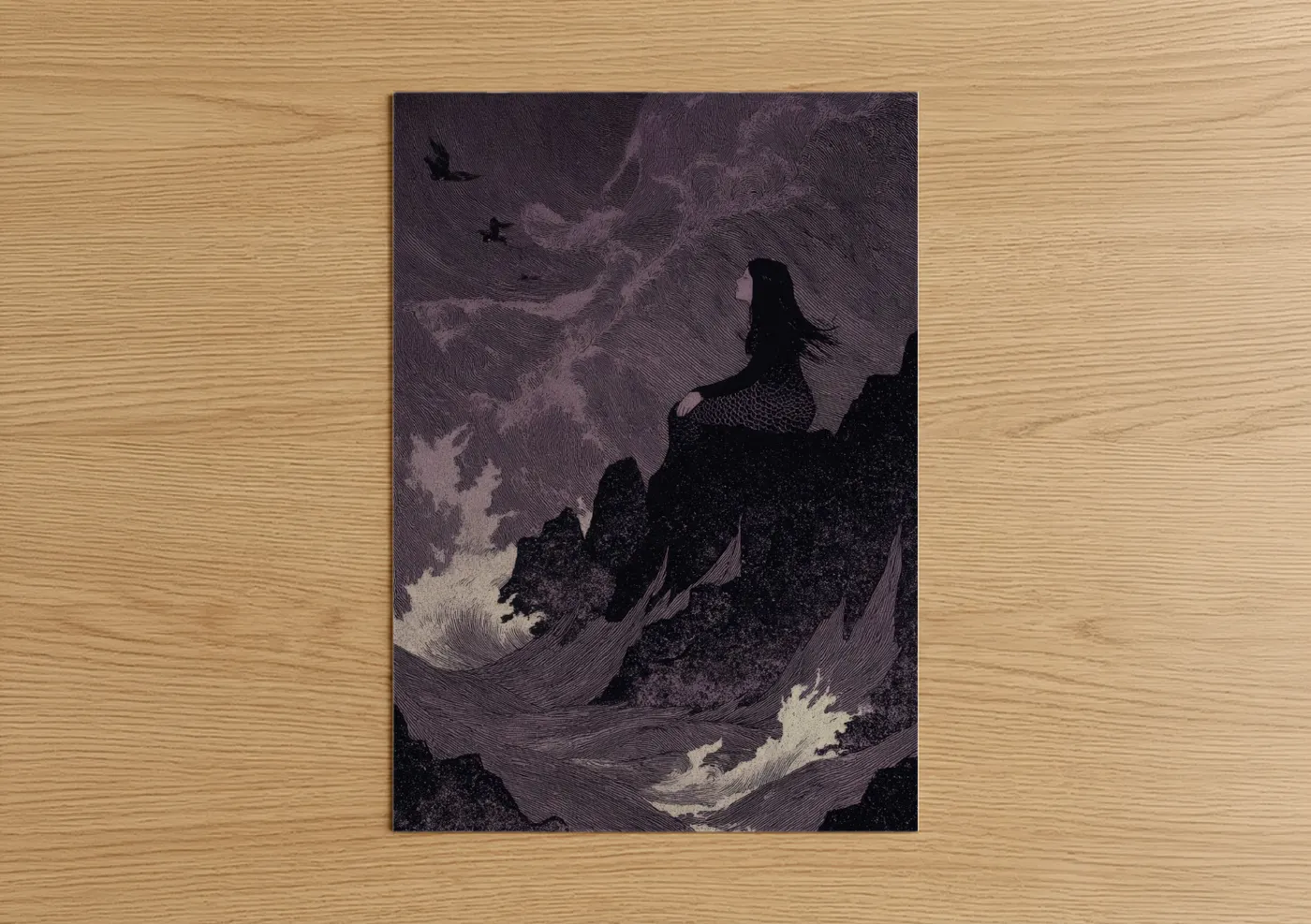 Dark fantasy art print on warm oak wood — lavender and black palette — Cliff Siren poster