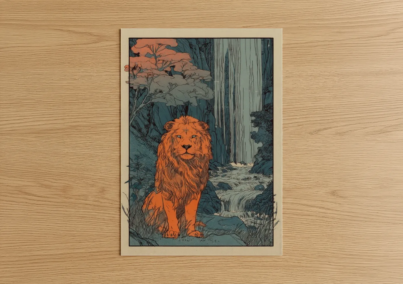 Art print on warm oak wood — orange and blue palette — Waterfall Lion poster
