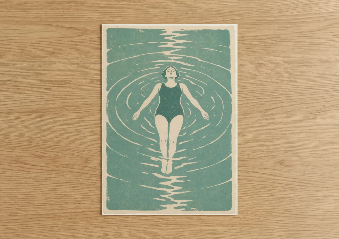 Art print on warm oak wood — teal and cream palette — Vintage Swimming Woman Wall Art poster