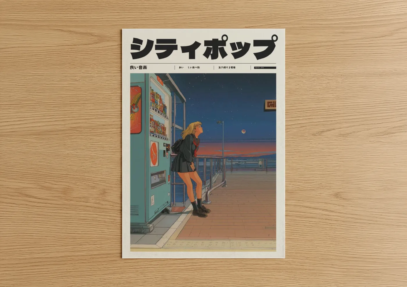 Girl Vending Machine Anime Sunset Wall Art