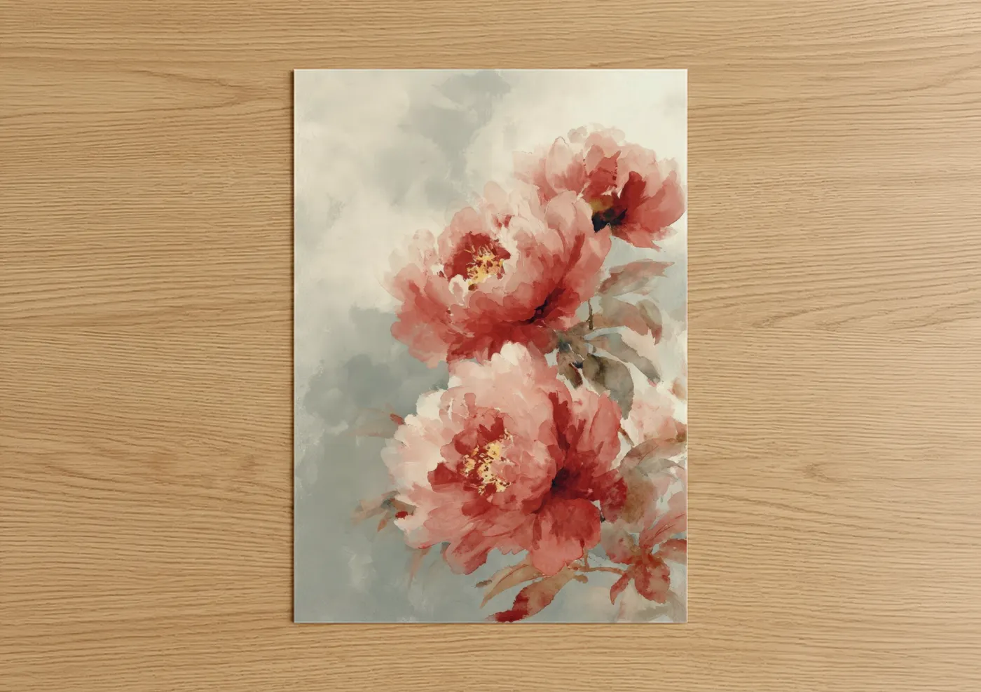 Peony art print on warm oak wood — salmon pink and gray palette — Crimson Peonies poster