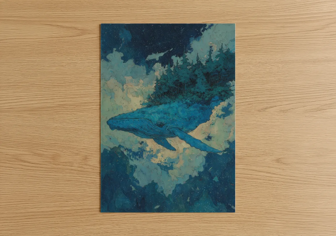 Art print on warm oak wood — blue and cream palette — Cosmic Blue Whale poster