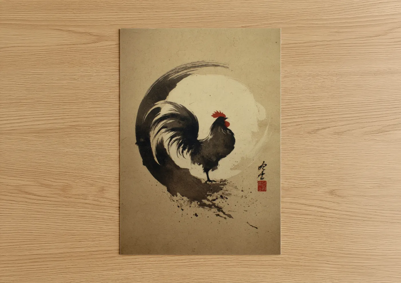Zen Rooster Japanese Ink Wall Art