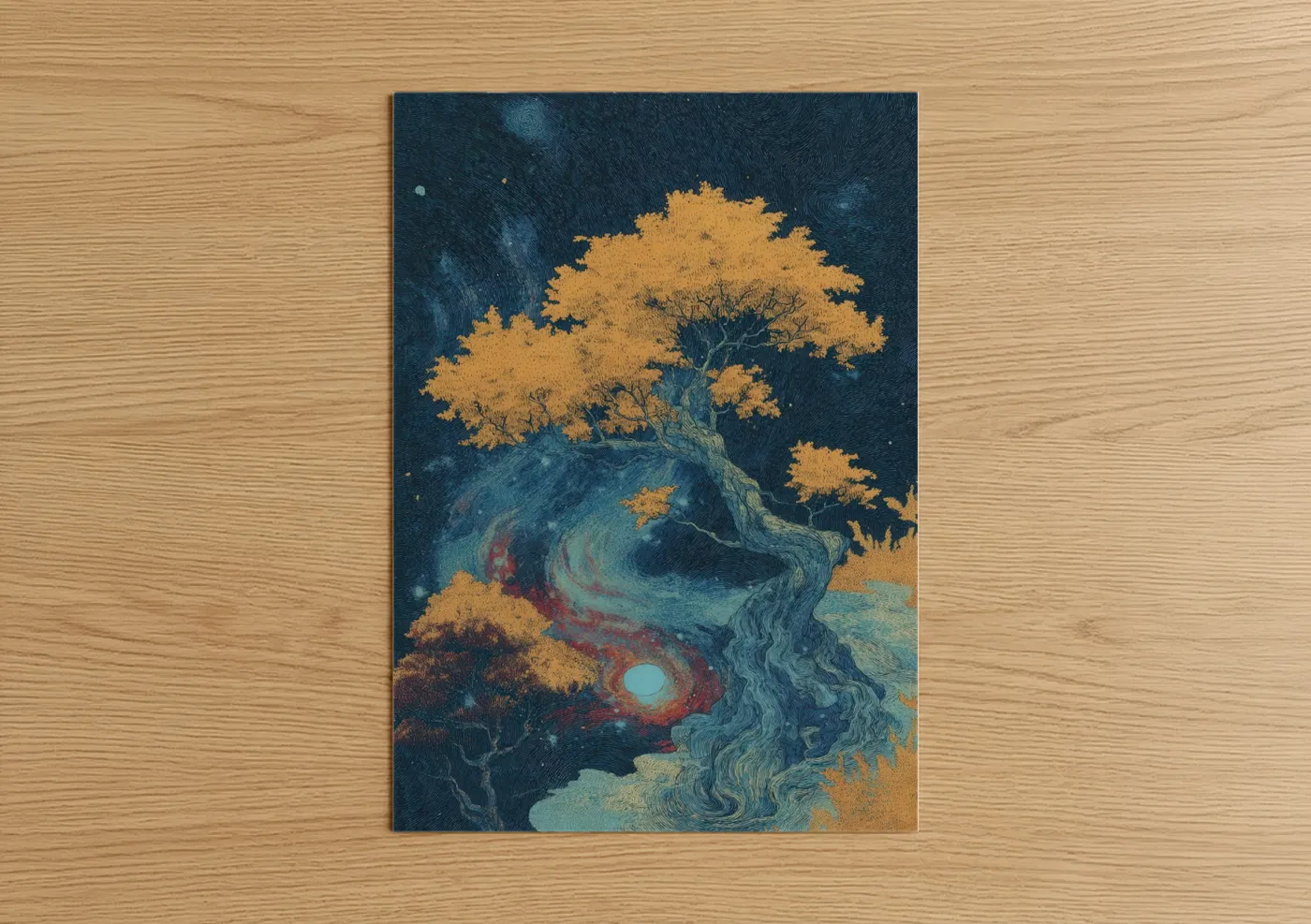 Bonsai tree art print on warm oak wood — gold and dark blue palette — Golden Bonsai Night poster