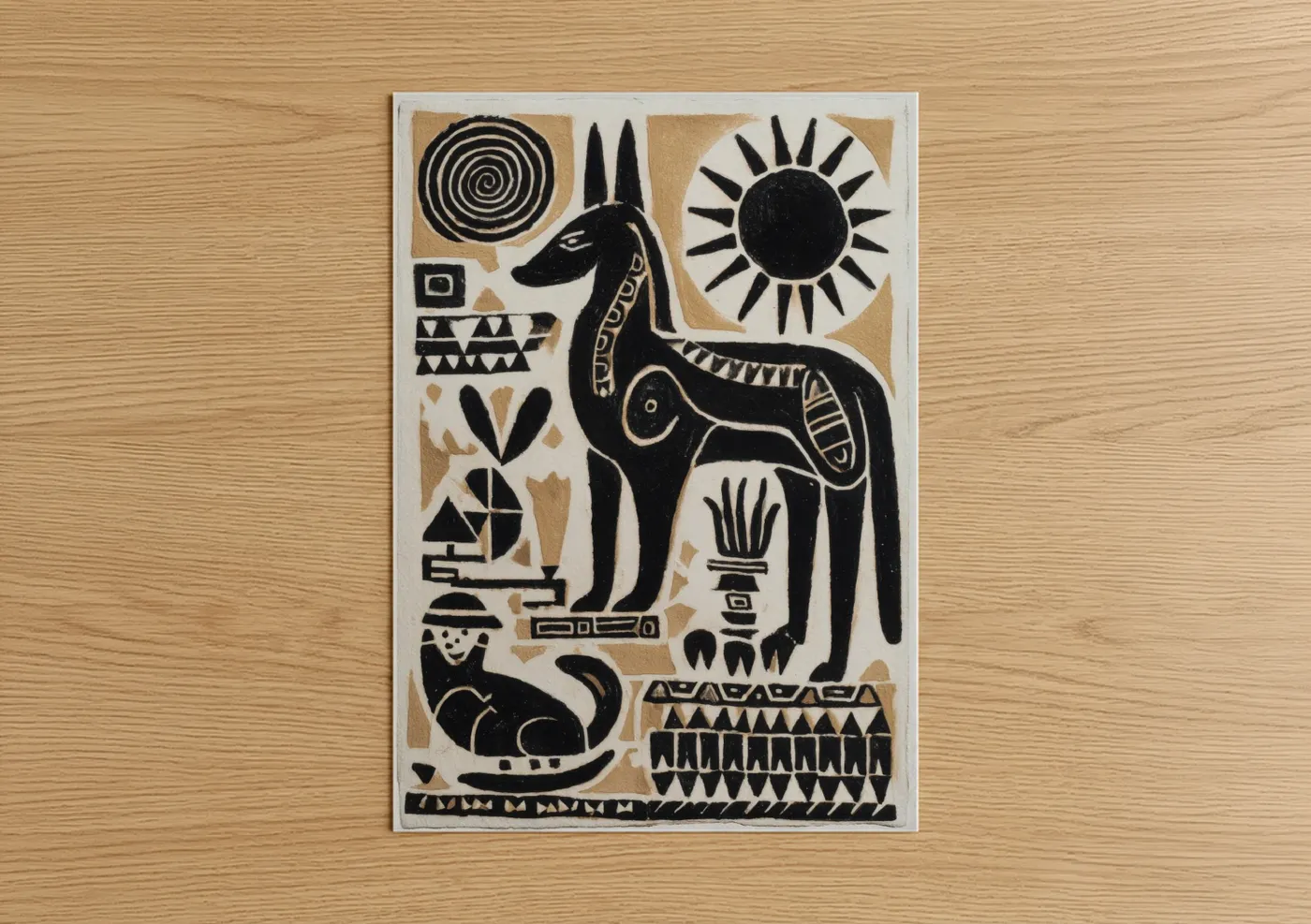 Abstract traditional art print on warm oak wood — black and gold and cream palette — Desert Llama poster