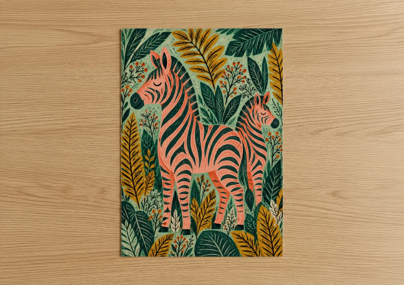 Art print on warm oak wood — salmon pink and true green palette — Tropical Zebra Botanical Garden Wall Art poster