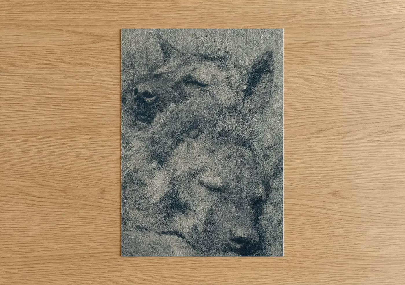 Art print on warm oak wood — gray and black and white palette — Contemplative Hyena poster