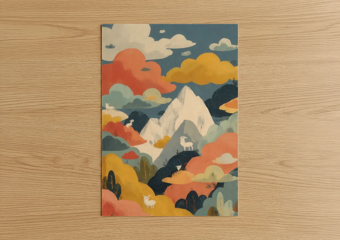 Mount Everest Illustration Colorful Clouds Wall Art