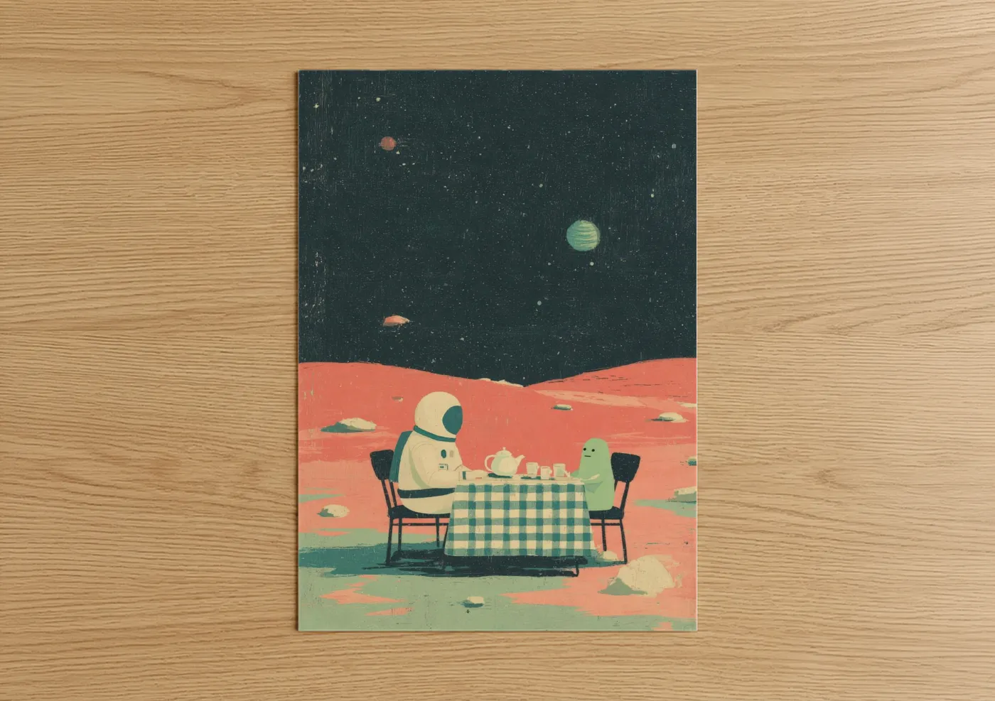 Astronaut Alien Tea Party Illustration Wall Art