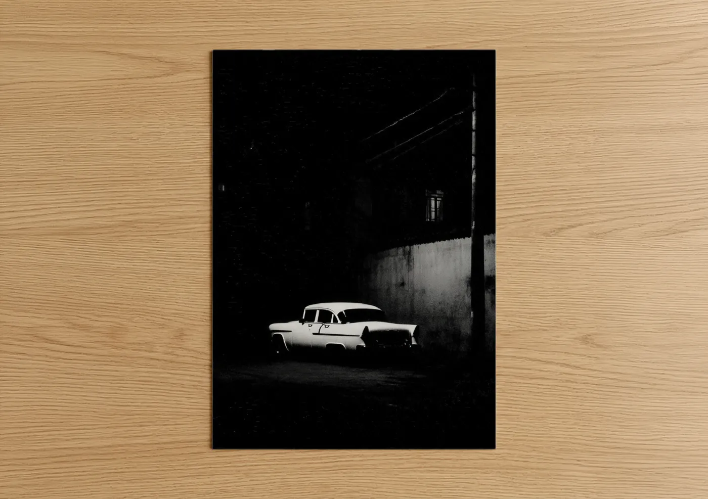 Classic car art print on warm oak wood — black and white palette — Midnight Classic poster
