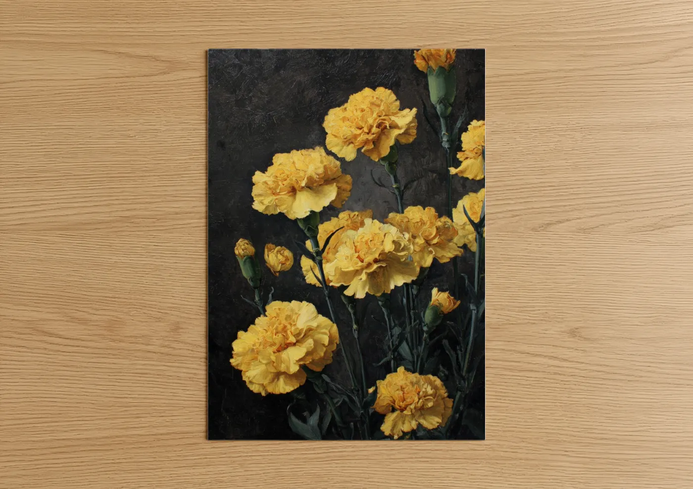 Carnations art print on warm oak wood — yellow gold and black palette — Golden Carnation Cluster poster