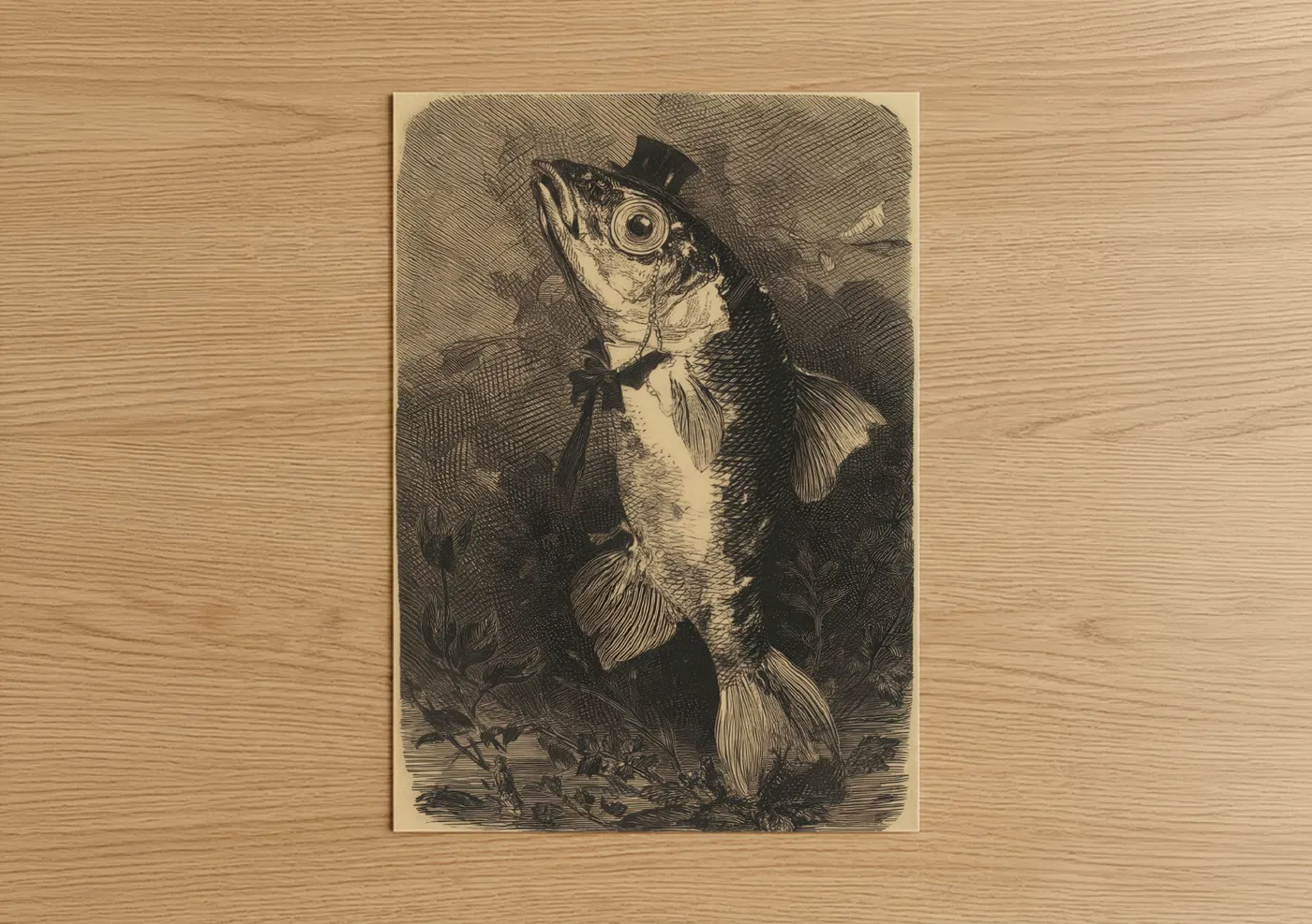 Art print on warm oak wood — cream and black and white palette — Dapper Zebrafish poster