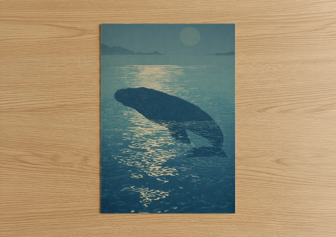 Art print on warm oak wood — teal and cream palette — Moonlit Sperm Whale poster