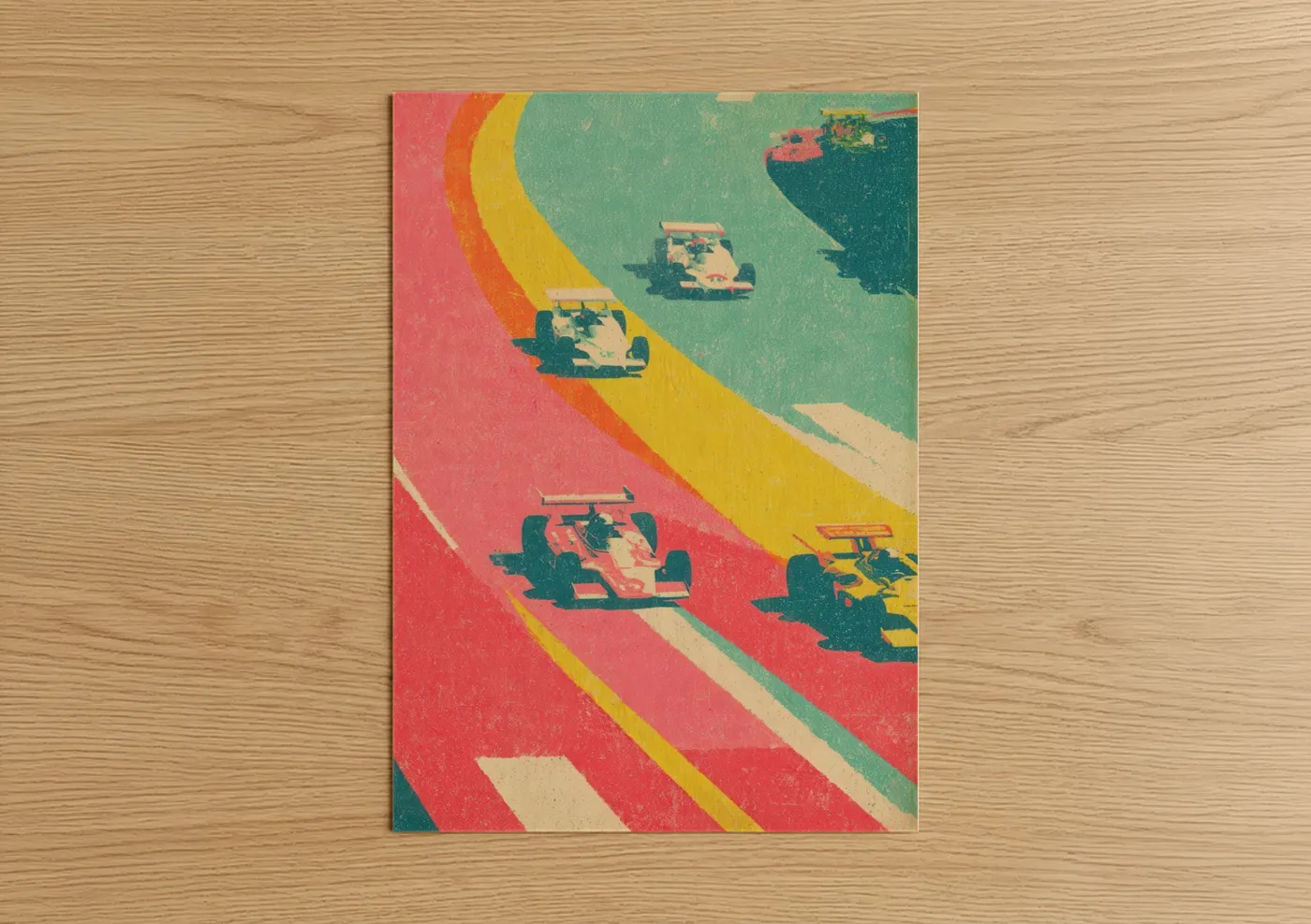 Auto racing art print on warm oak wood — red and mustard palette — Retro Racing Vibes poster