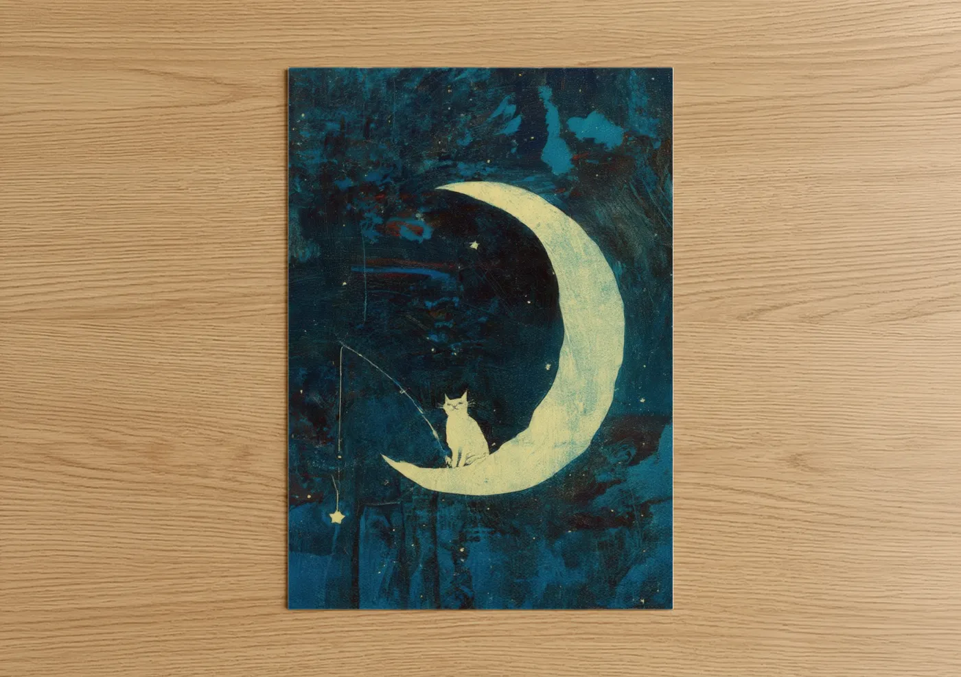 Moonlit Fishing Cat Night Sky Art Wall Art