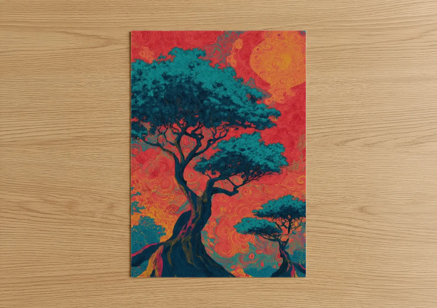 Turquoise Banyan Tree Vibrant Illustration Wall Art