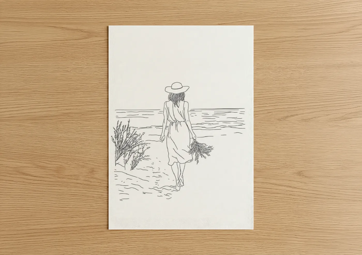 Beach sunrise and sunsets art print on warm oak wood — black and white palette — Coastal Beach Stroll poster