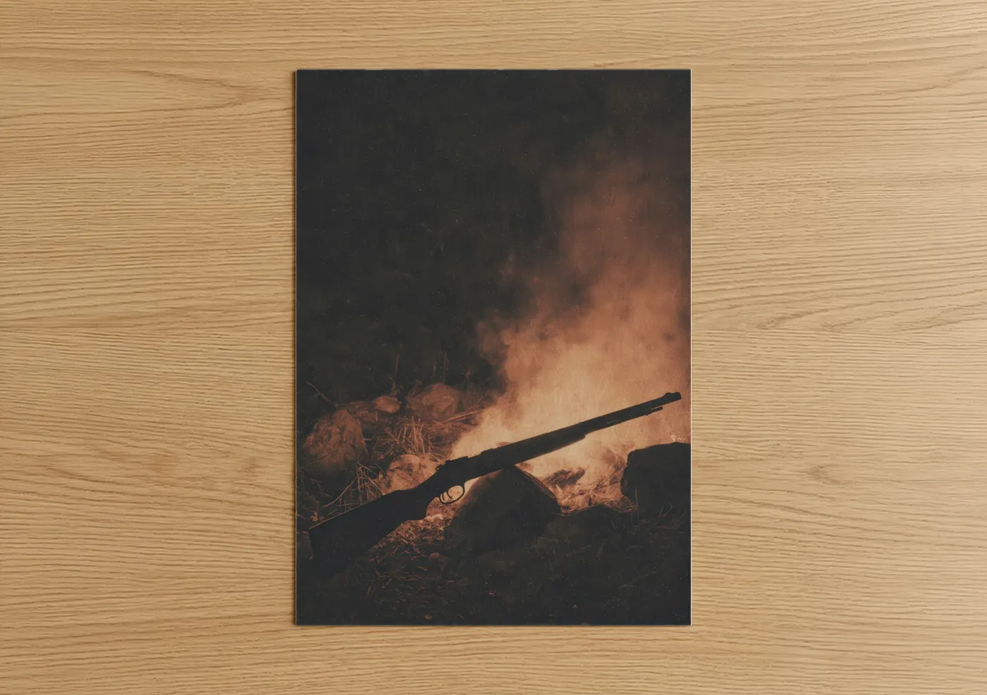 Art print on warm oak wood — black and russet palette — Campfire Hunting poster
