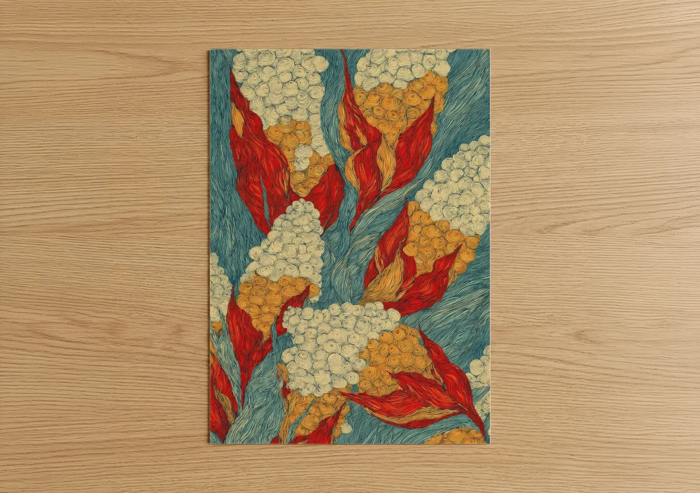 Art print on warm oak wood — teal and red palette — Crimson Popcorn Blooms poster