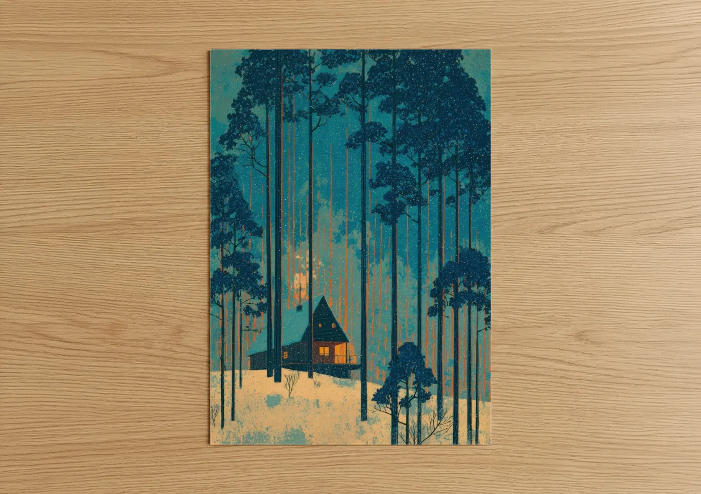 Snowy Cottage Forest Winter Illustration Wall Art