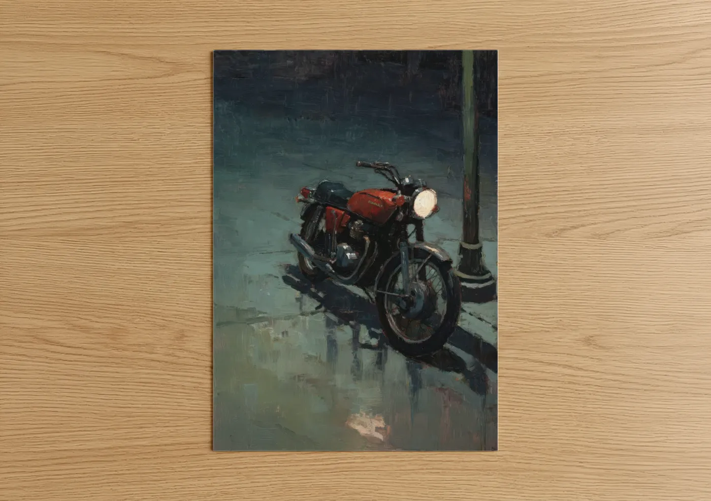 Vintage motorcycle art print on warm oak wood — red and gray palette — Crimson Motorcycle poster