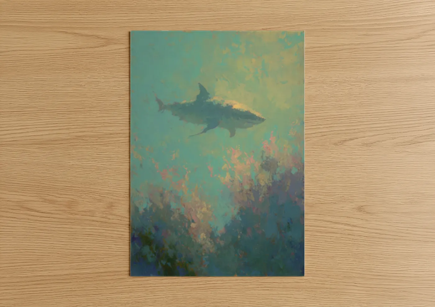Bull shark art print on warm oak wood — teal and gold palette — Golden Hour Shark poster