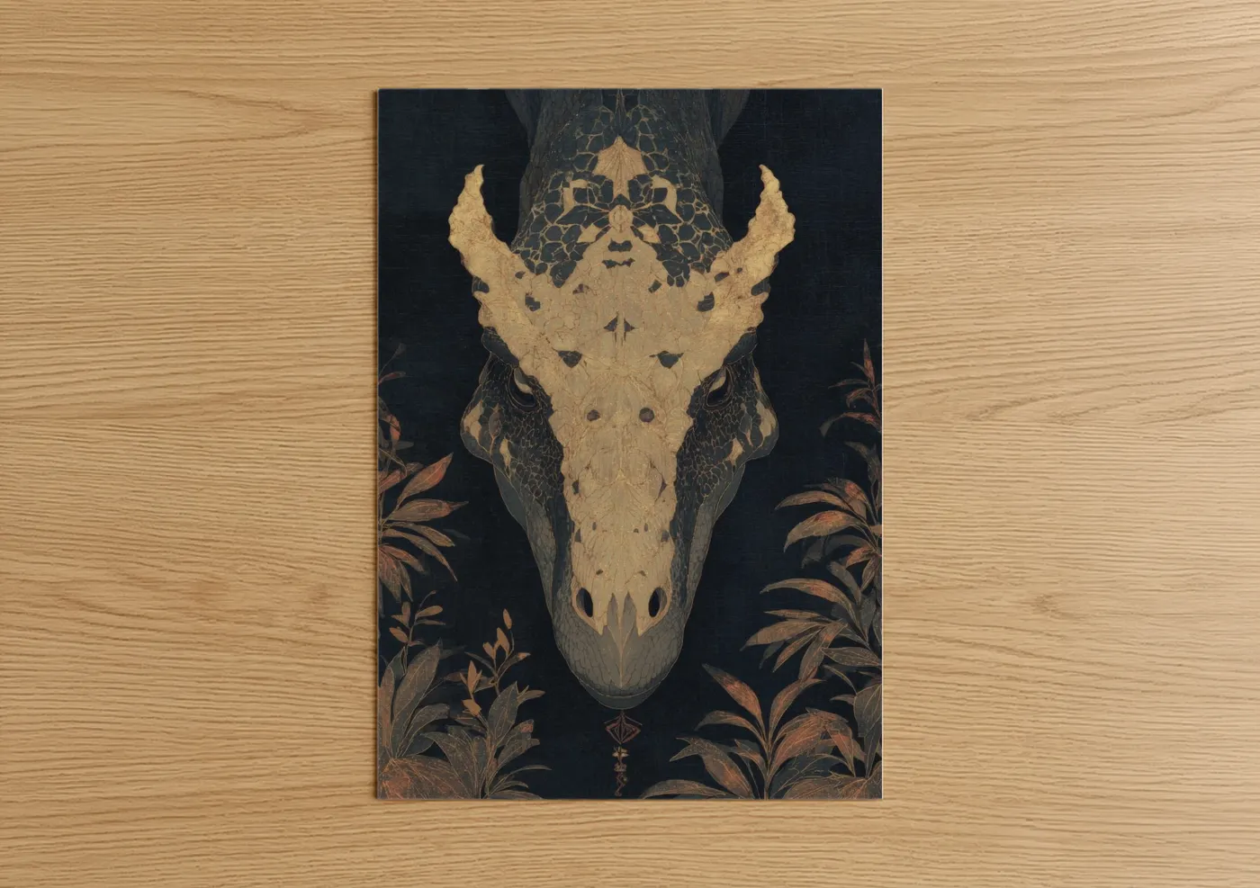 Golden Dinosaur Skull Dark Mystical Wall Art