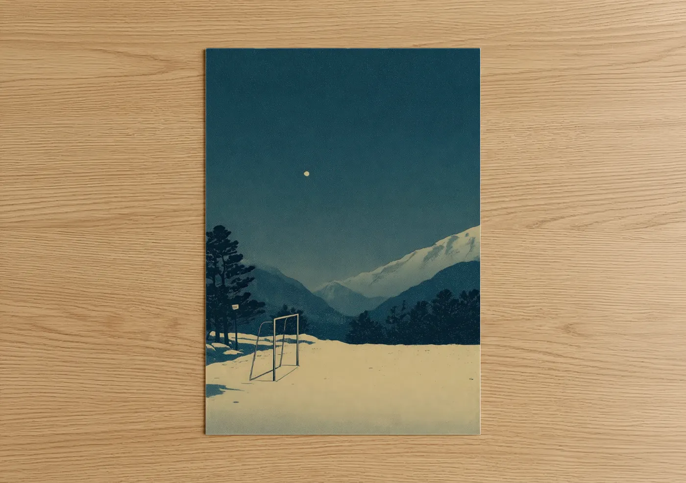 Art print on warm oak wood — teal and gold palette — Mountain Lacrosse poster