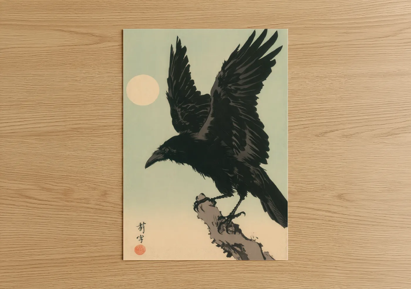 Crows and ravens art print on warm oak wood — black and cream palette — Moonlit Raven poster