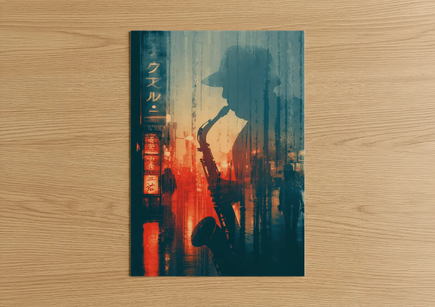 Musician art print on warm oak wood — red and teal palette — Neon Saxophonist poster