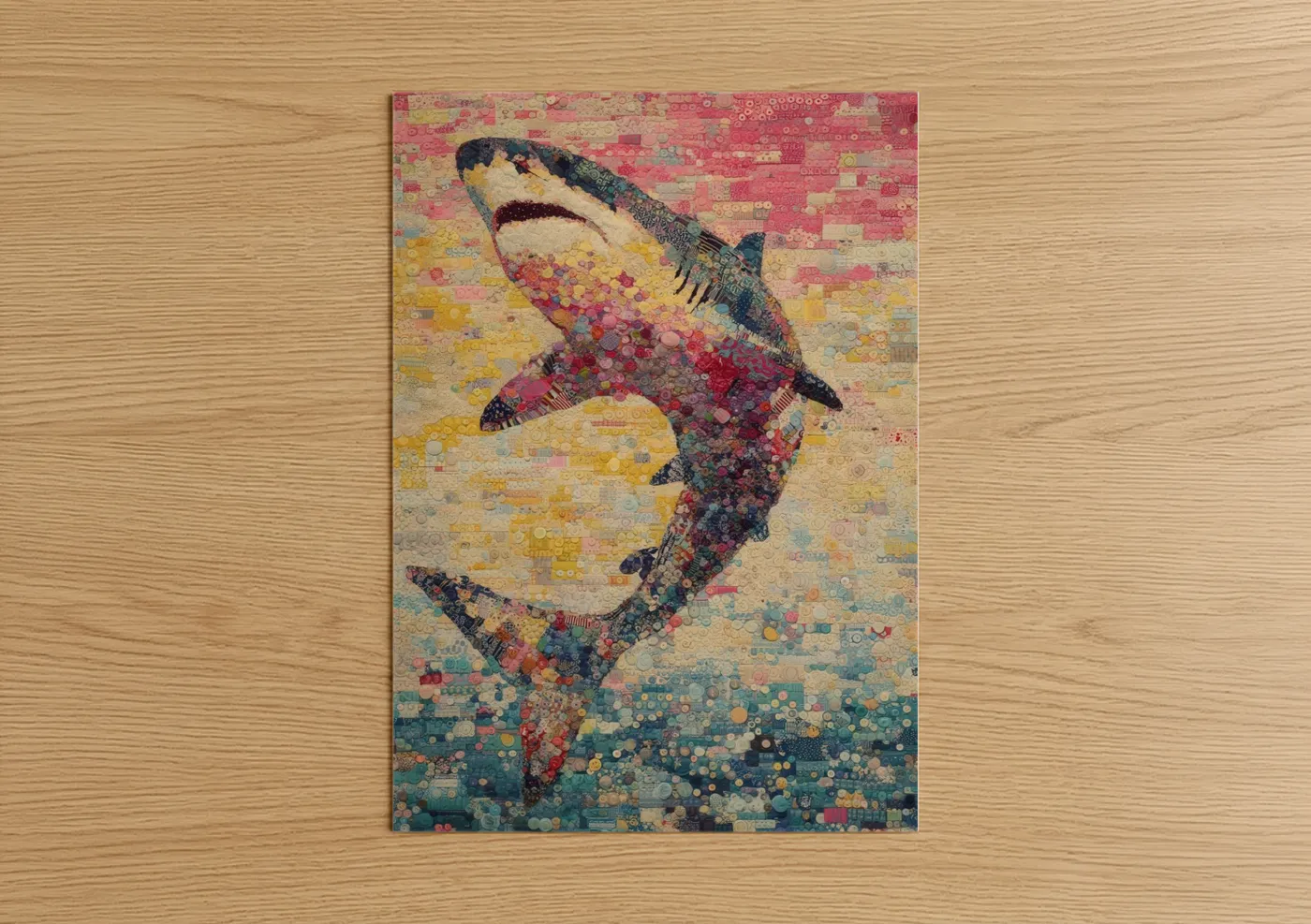 Art print on warm oak wood — pink and gold palette — Celestial Basking Shark poster