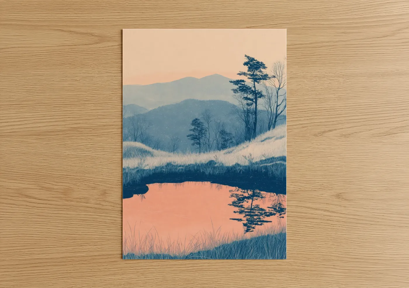 Blue ridge mountains art print on warm oak wood — blue and peach palette — Crimson Mountain Dawn poster