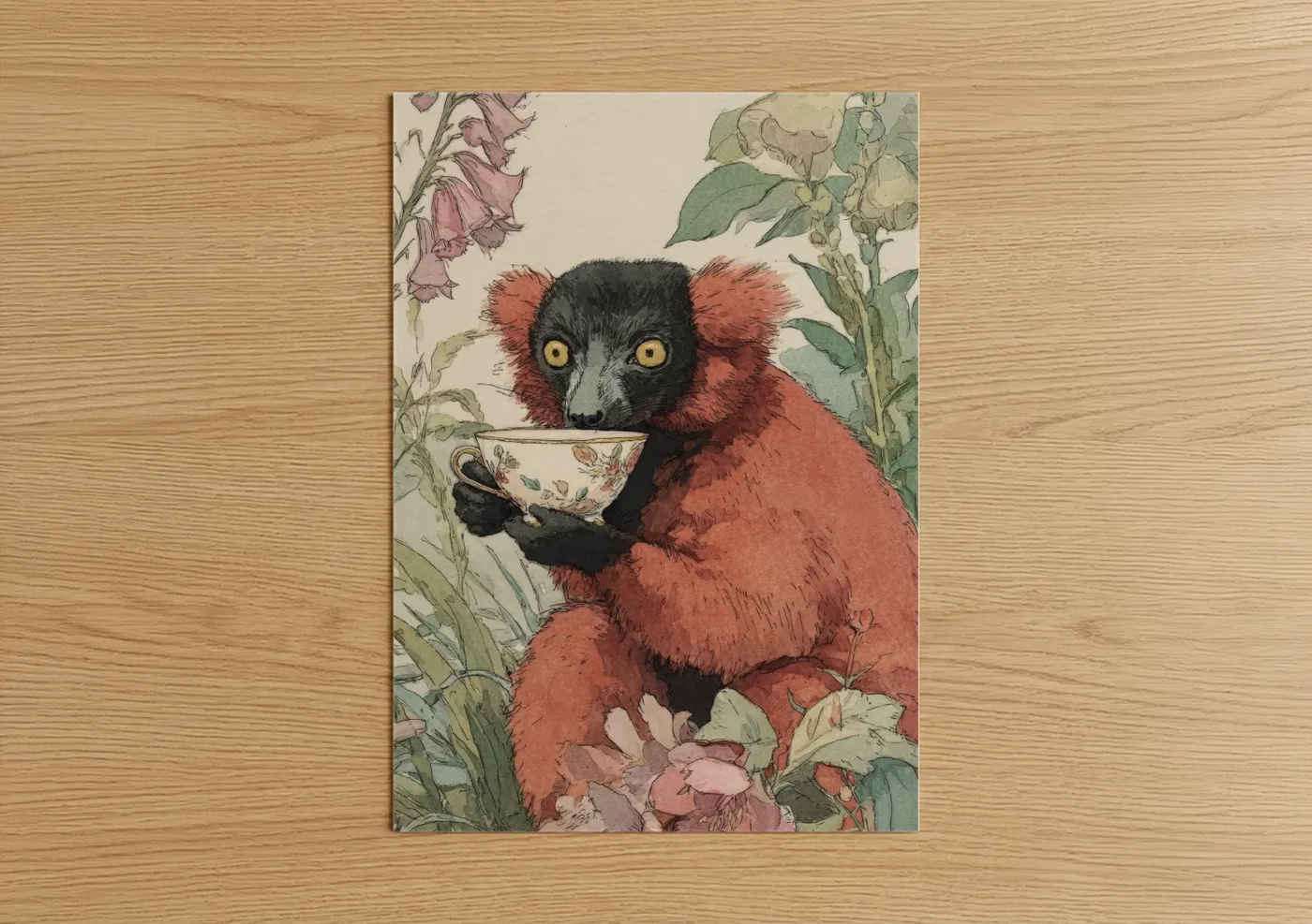 Art print on warm oak wood — russet and sage green palette — Red Lemur Tea poster
