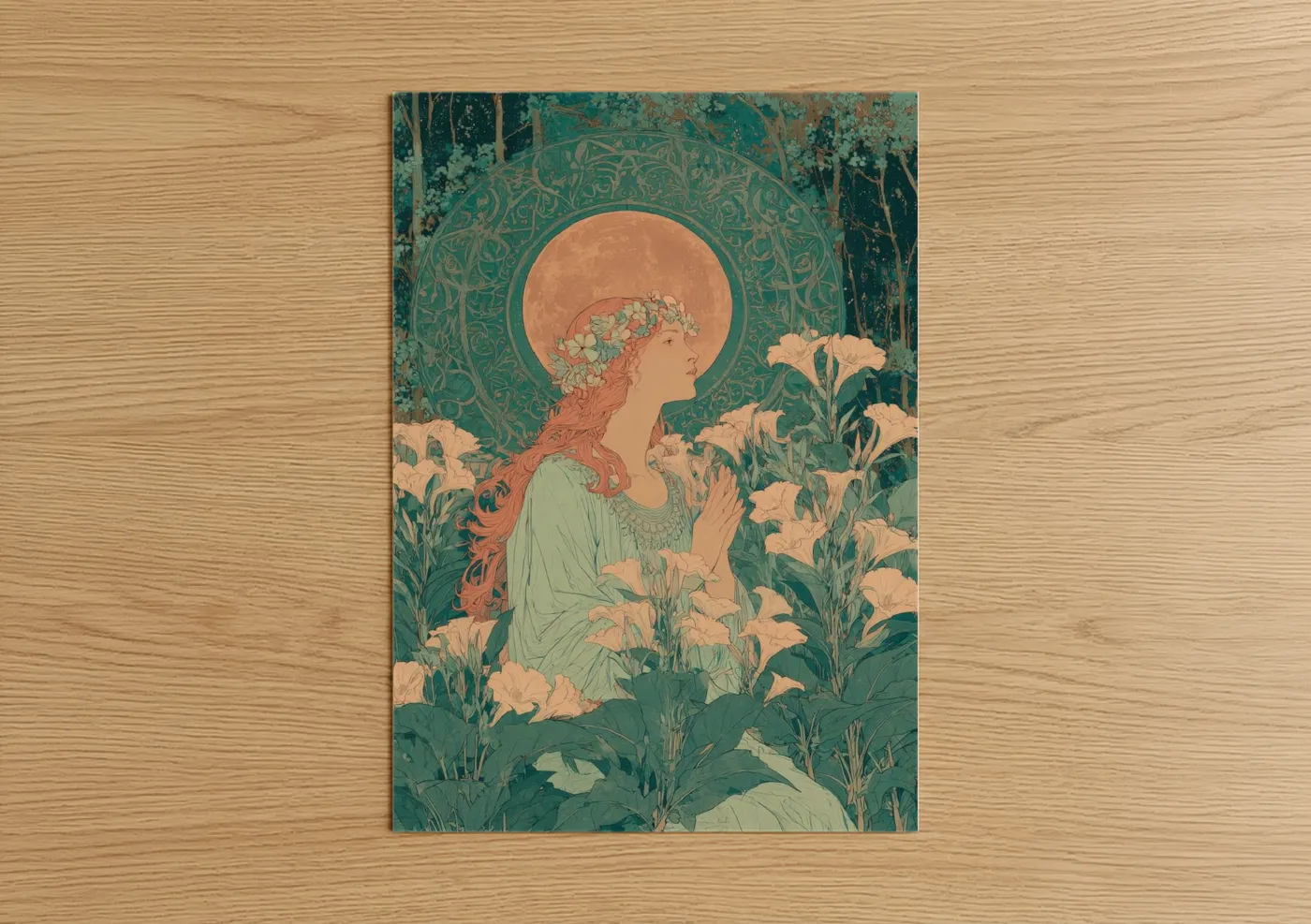Art print on warm oak wood — teal and gold palette — Moon Maiden Wiccan poster
