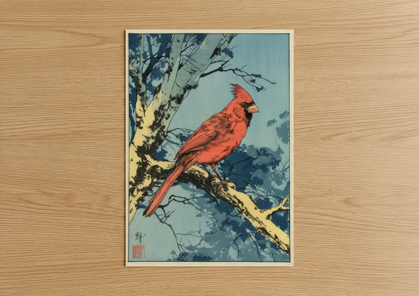 Scarlet Cardinal Perch Woodblock Wall Art