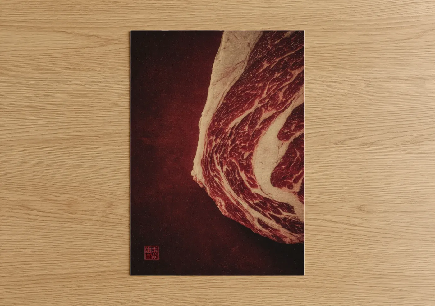 Meat art print on warm oak wood — maroon and cream palette — Marbled Beef Cut poster
