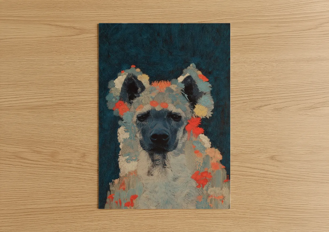 Art print on warm oak wood — dark blue and orange palette — Autumn Hyena poster