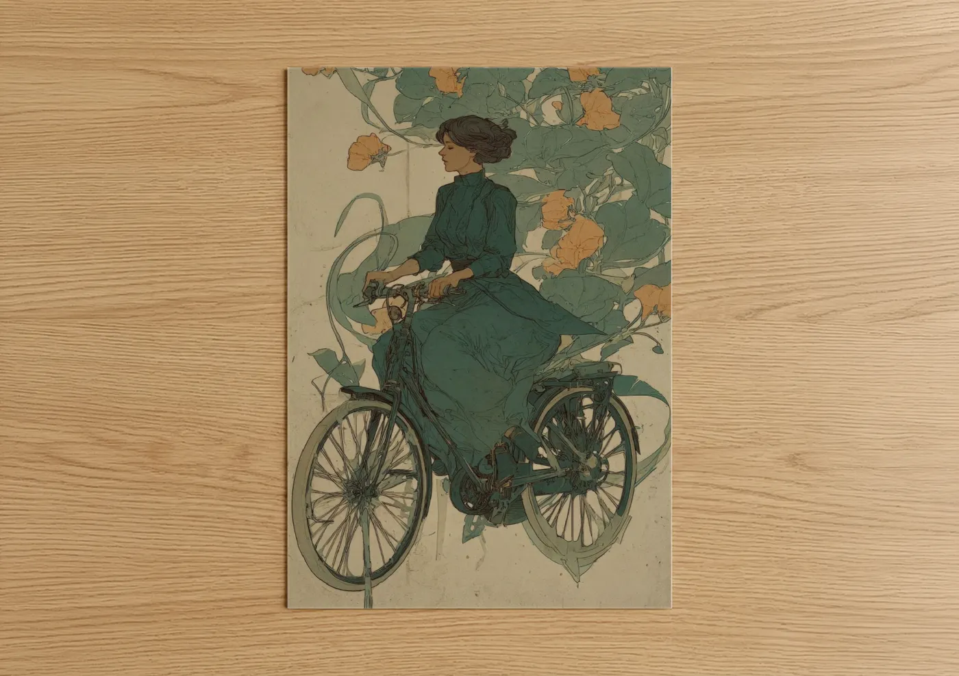 Woman on Bicycle Art Nouveau Style Wall Art
