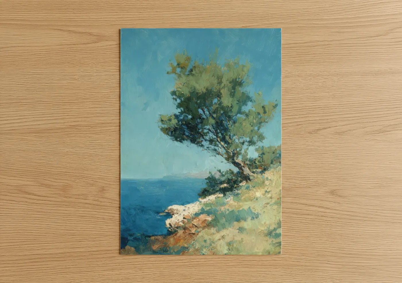 Juniper tree art print on warm oak wood — blue and gold palette — Coastal Juniper poster
