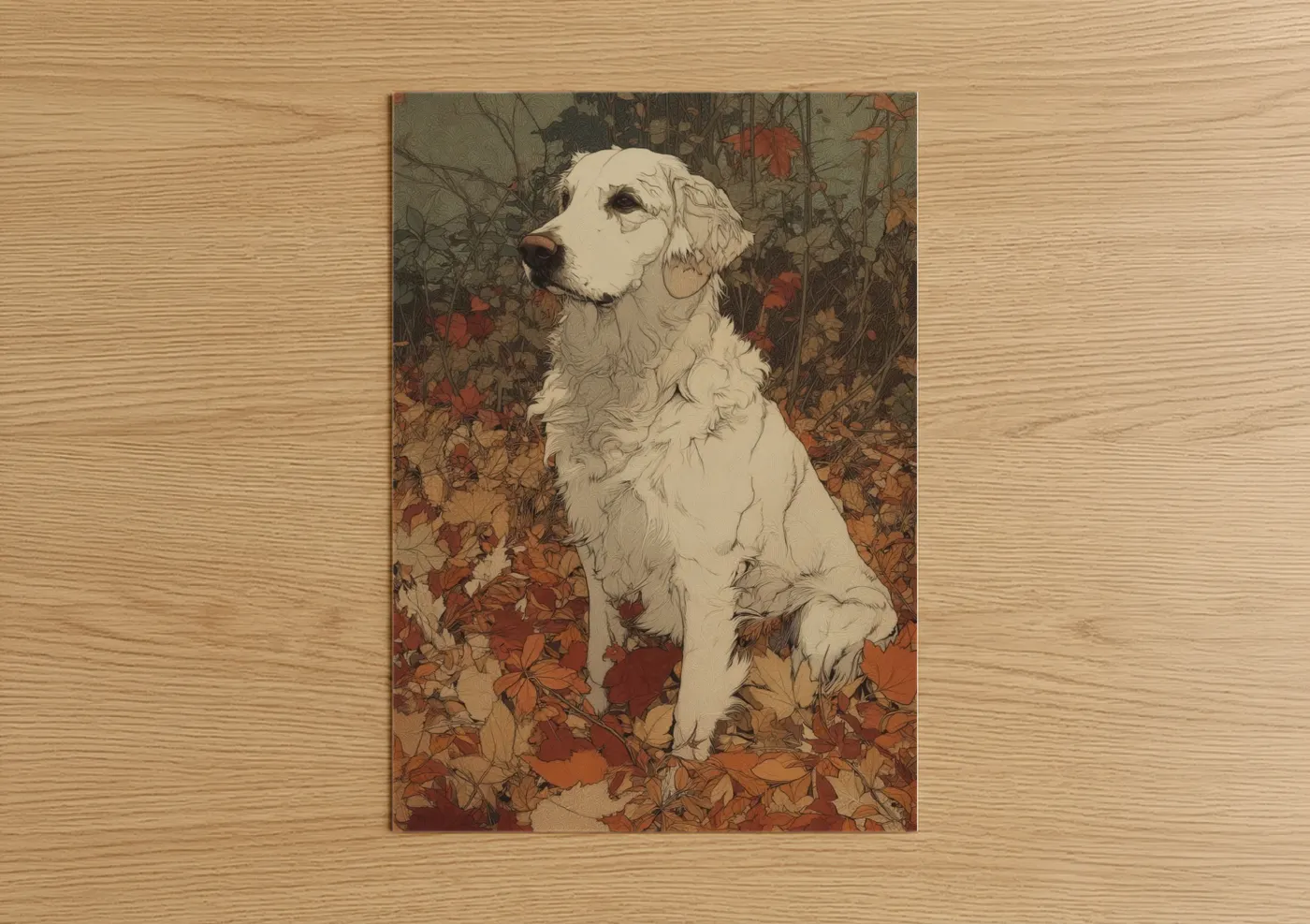 Art print on warm oak wood — russet and cream palette — Autumn Retriever poster