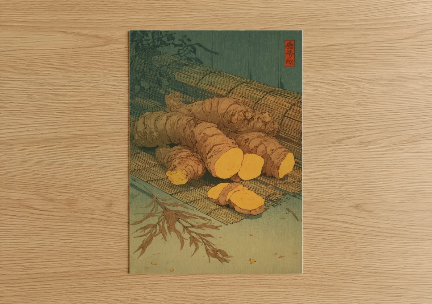Herbs and spices art print on warm oak wood — gold and sage green palette — Golden Ginger Root poster