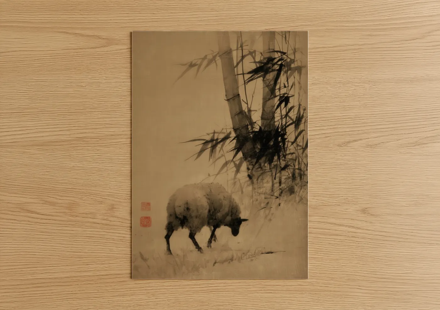 Snowy Sheep Grazing Traditional Ink Wall Art