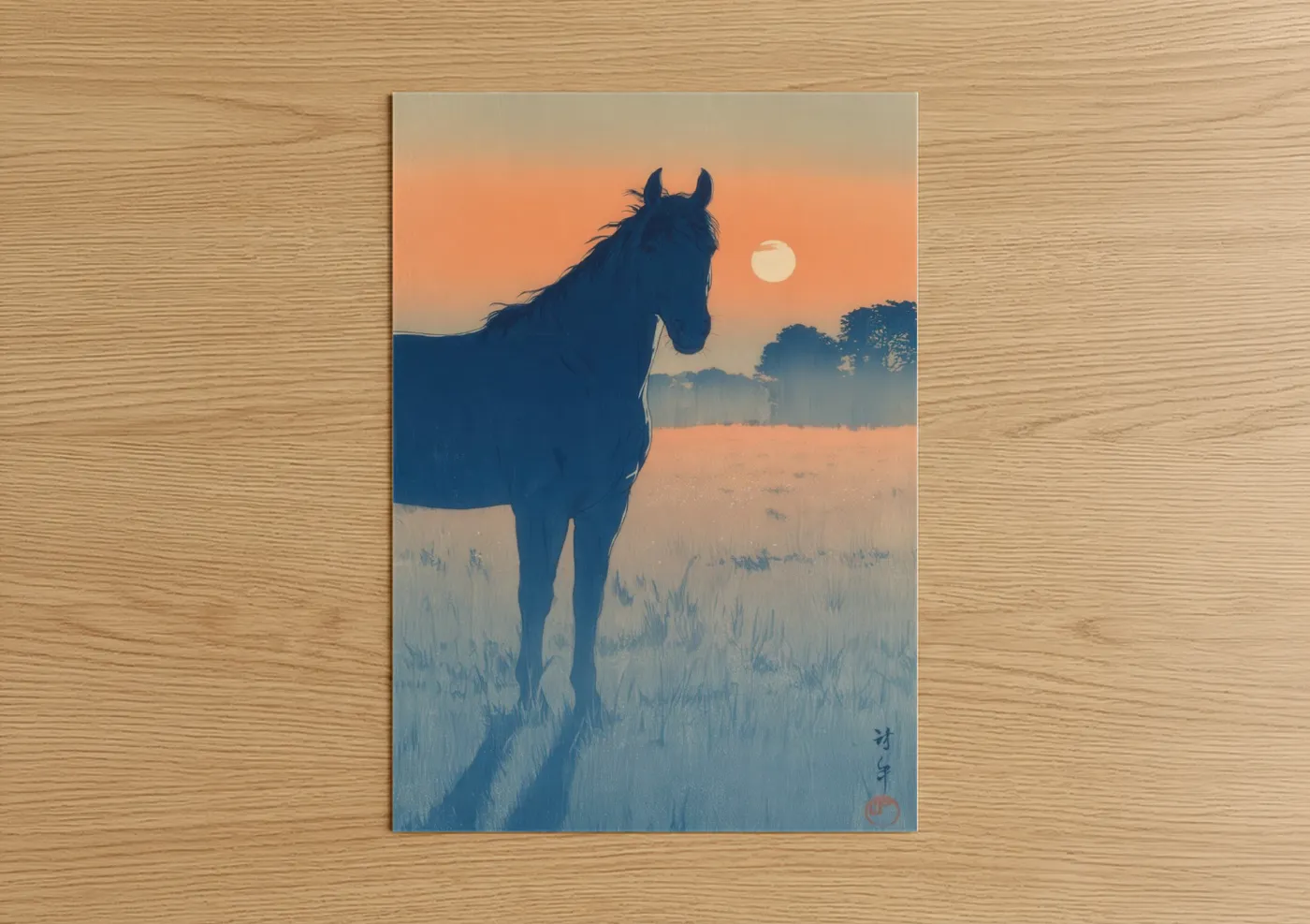 Art print on warm oak wood — blue and gold and peach palette — Serene Quarter Horse poster