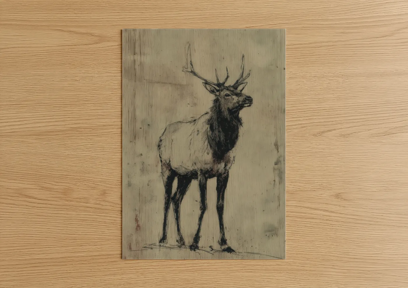 Art print on warm oak wood — black and beige palette — Majestic Elk Portrait poster