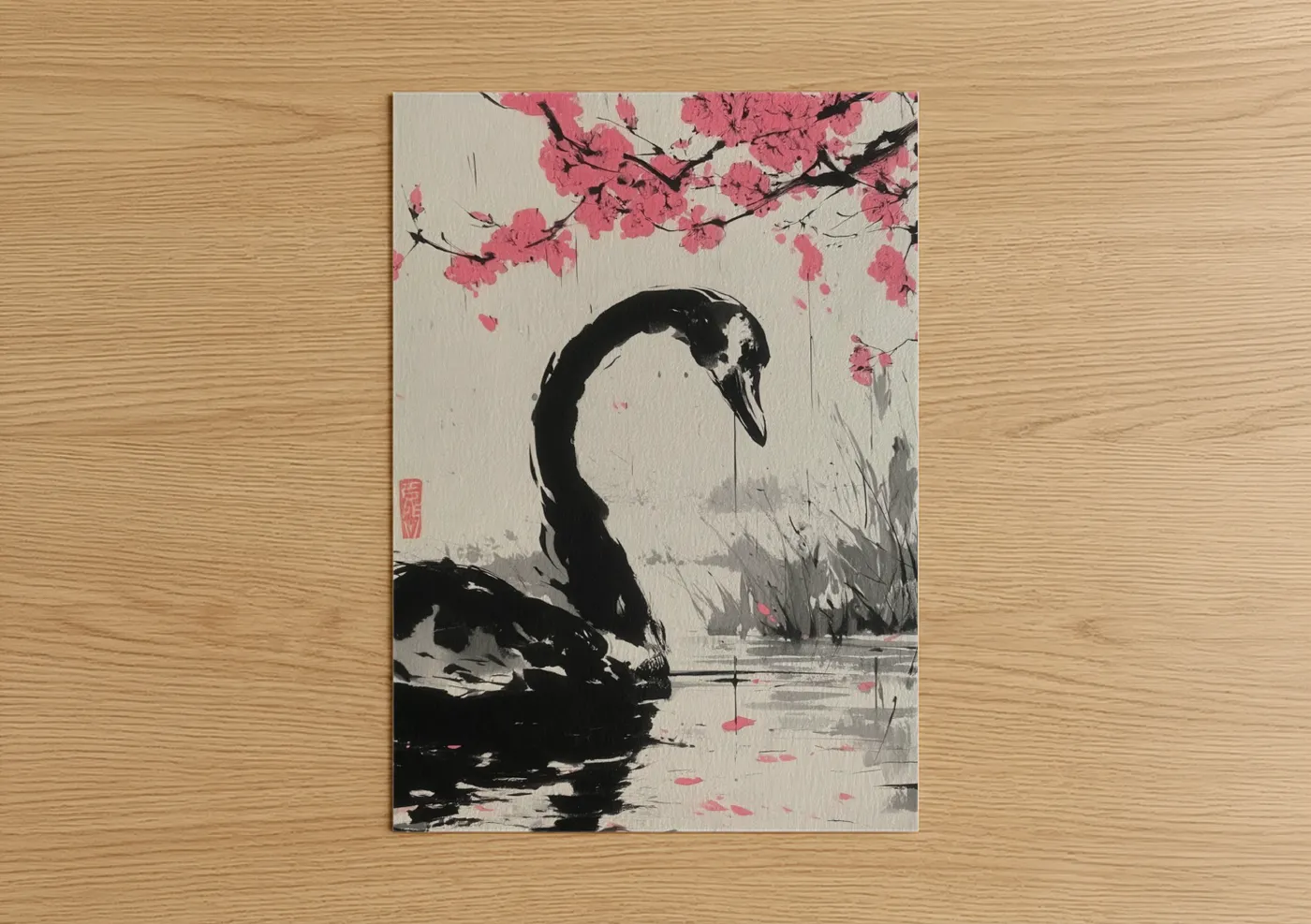 Art print on warm oak wood — pink and black and white palette — Cherry Blossom Swan poster